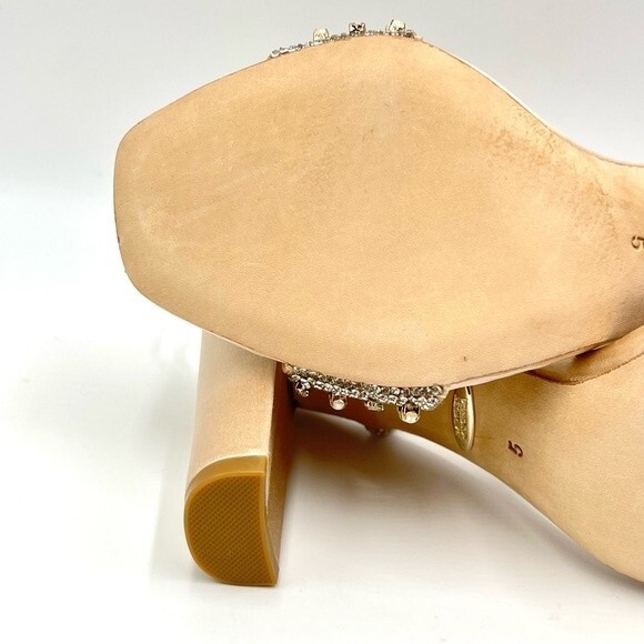Badgley Mischka Size 5 Kari Soft Nude‎ Satin Jeweled Block Open Toe Heels Shoes - Picture 11 of 13